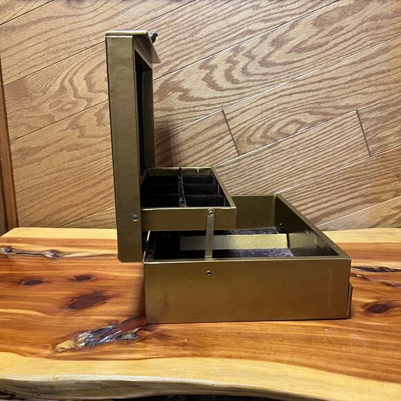 Vintage Gold Tone MCM MidCentury Musical Jewelry Box Lined Mirror Compartments - Picture 8 of 12